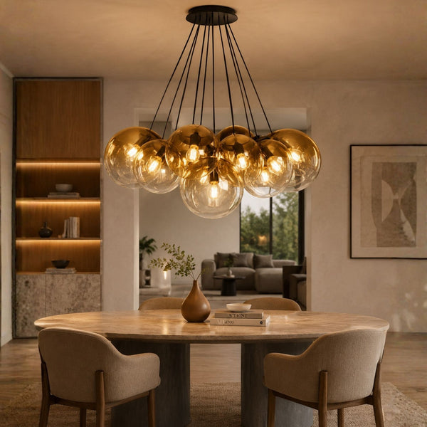 Suspension grappe Orb 13 lumières, verres Ø 20 cm