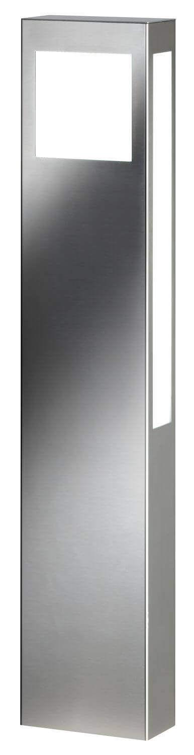 Luminaire extérieur en inox, de face, colonne rectangulaire avec fenêtre lumineuse