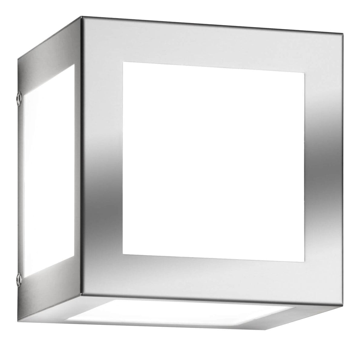 Applique murale carrée en inox brossé, face avant lumineuse blanche, vue de trois quarts