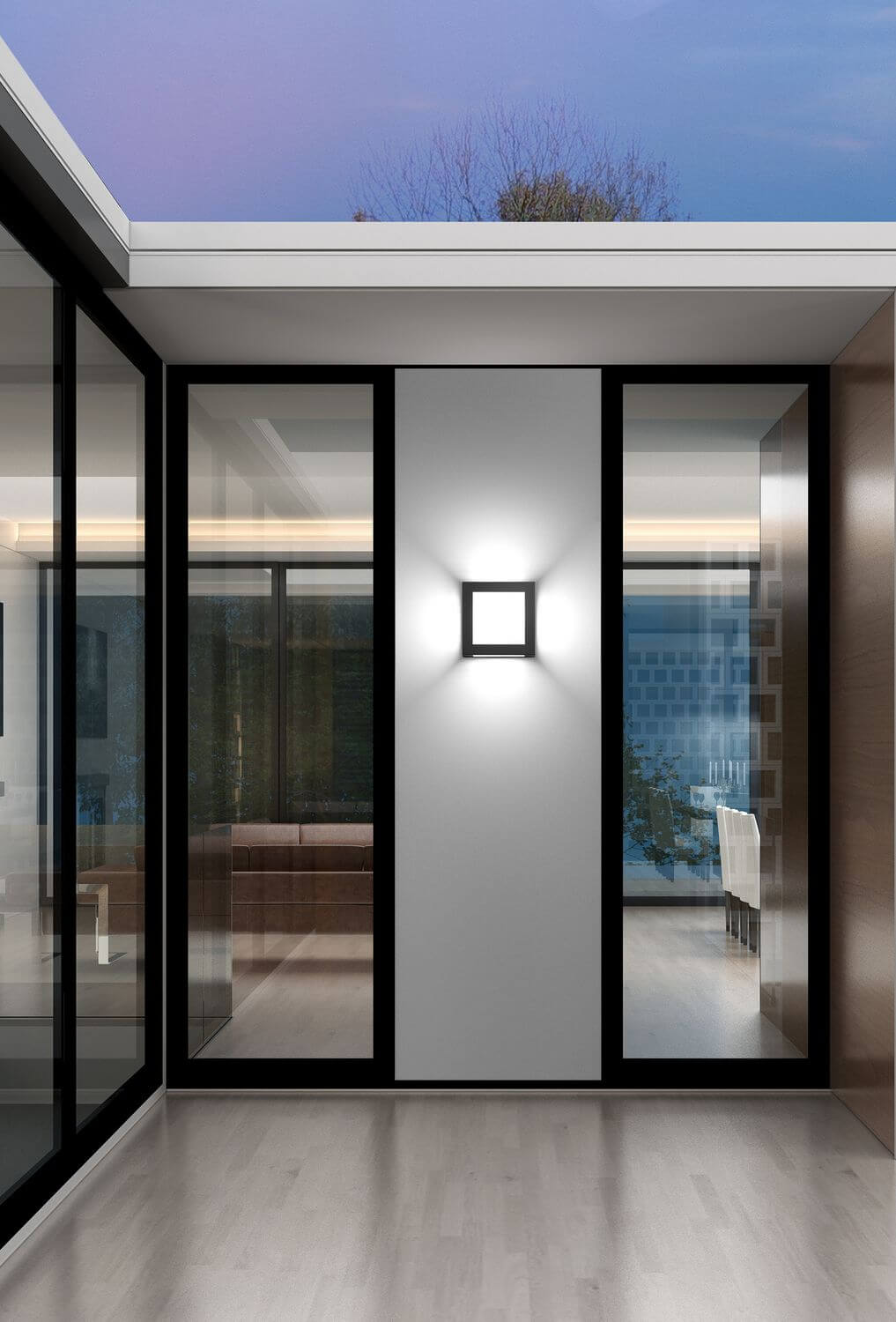 Mise en ambiance nocturne sur une façade contemporaine entre deux baies vitrées