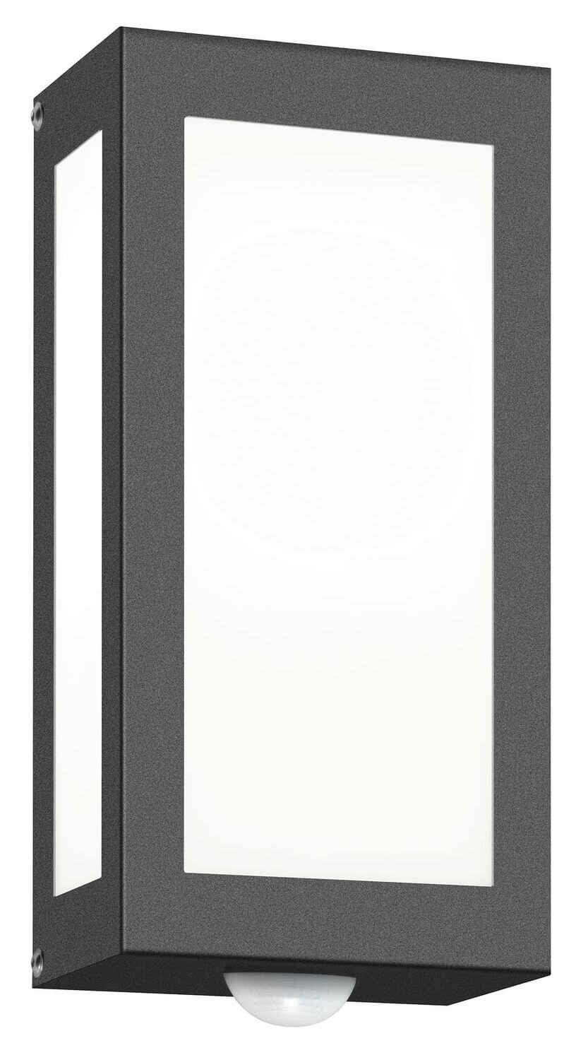 Autre angle de l'applique extérieure anthracite, panneau opalin et capteur en bas.