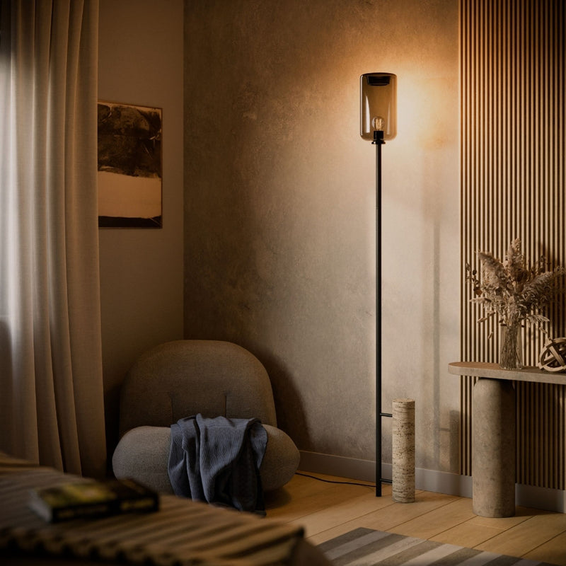 Lampadaire Cruet, pied en travertin, monture noire