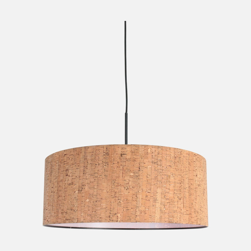 Natural cork pendant light, black cylindrical lampshade, adjustable height | Sparkled Light