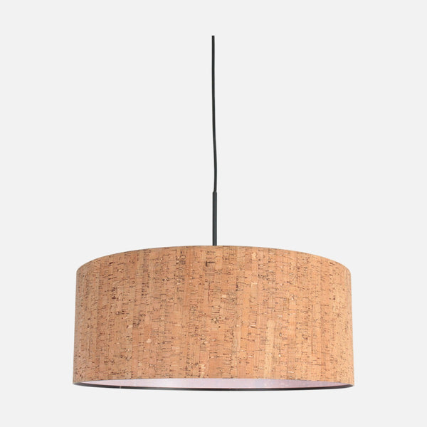 Natural cork pendant light, black cylindrical lampshade, adjustable height | Sparkled Light