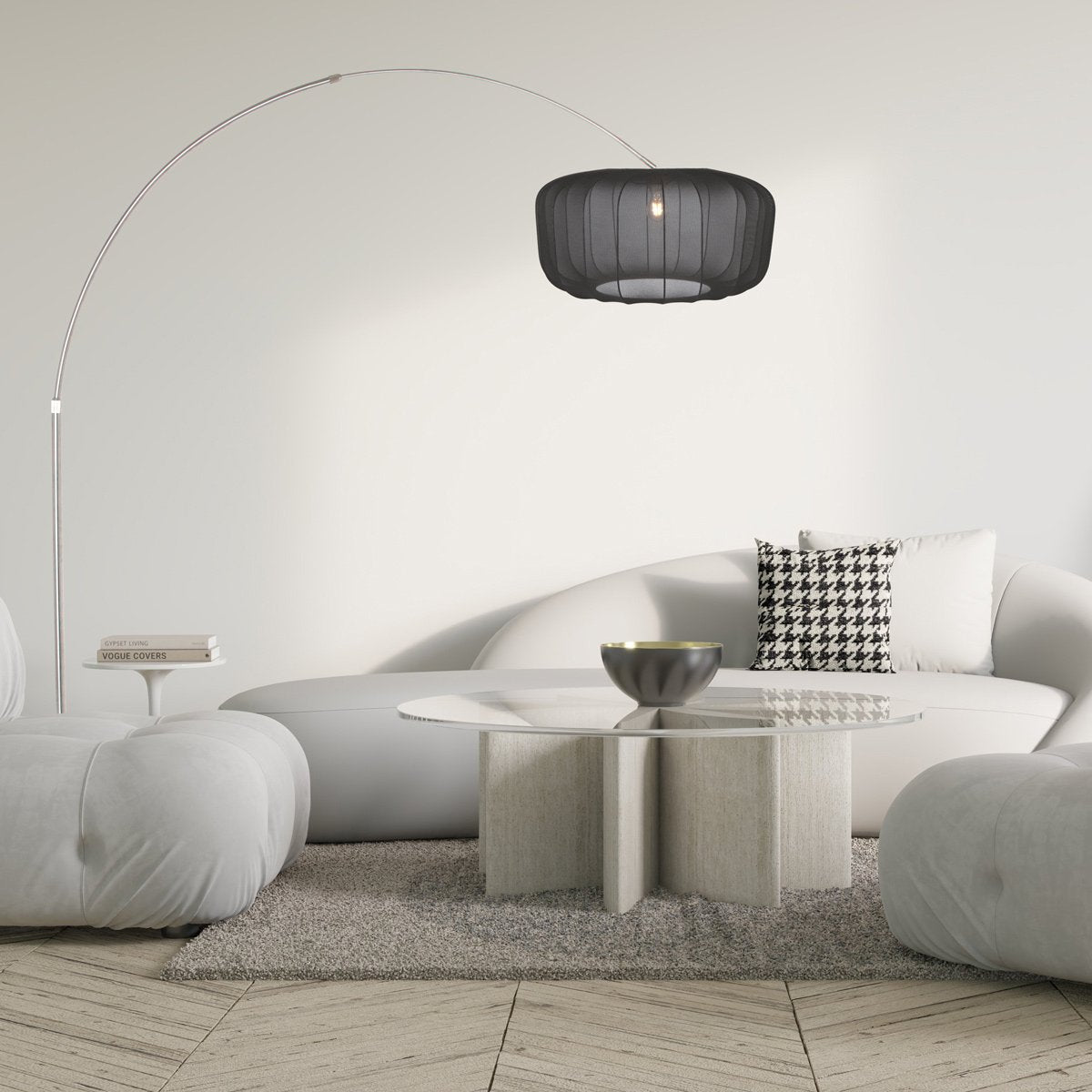 lampadaire arc réglable, abat-jour voile noir & pied acier brossé | Stévia