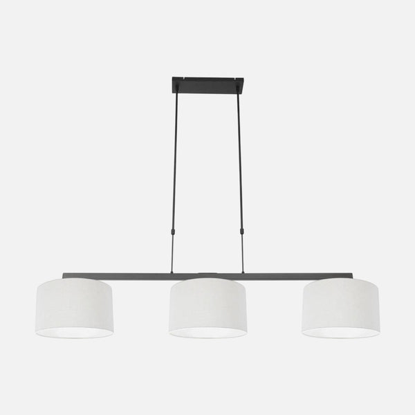 3-light white linen pendant lamp, black bar 140 cm | Linéa