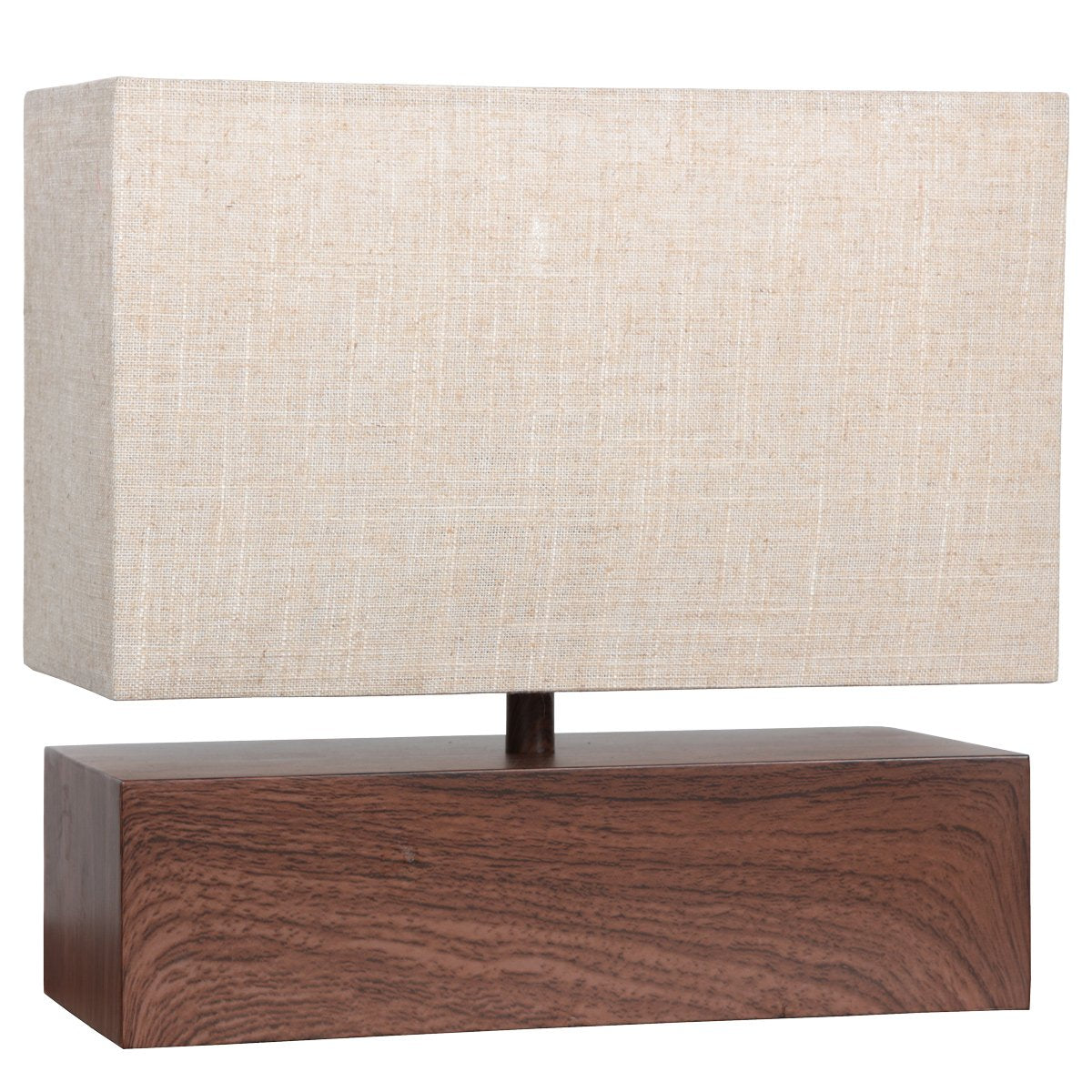 Vue de face de la lampe, abat-jour rectangulaire beige et socle en bois foncé