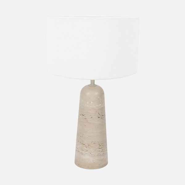 Travertine bedside lamp, natural base & white linen lampshade | Travino
