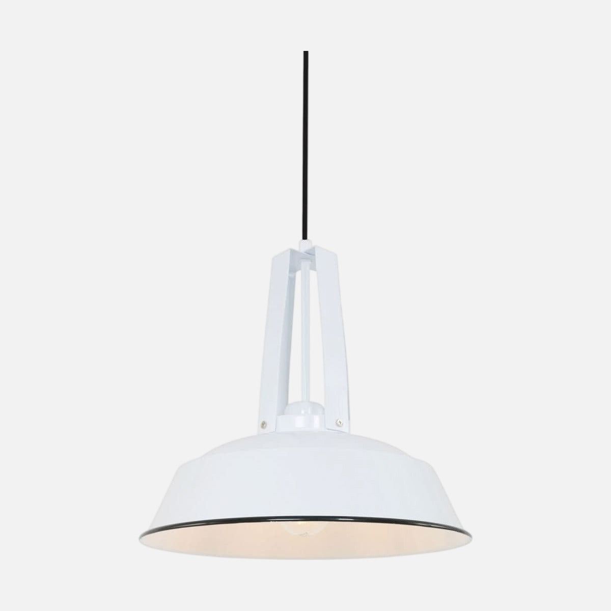 Suspension industrielle blanche, coupole métal Ø 42 cm à liseré noir et étrier blanc, sur fond gris clair
