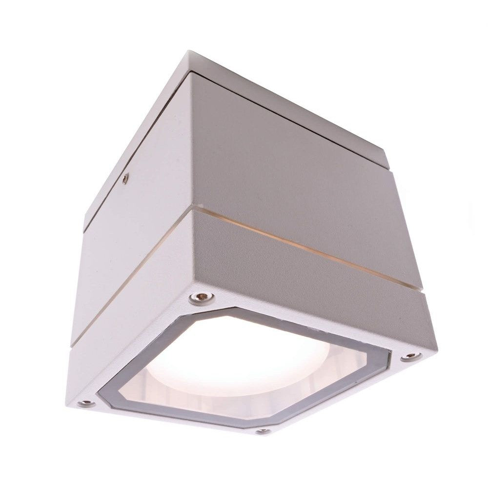 Plafonnier extérieur blanc carré vu de trois quarts, diffuseur lumineux en partie basse.