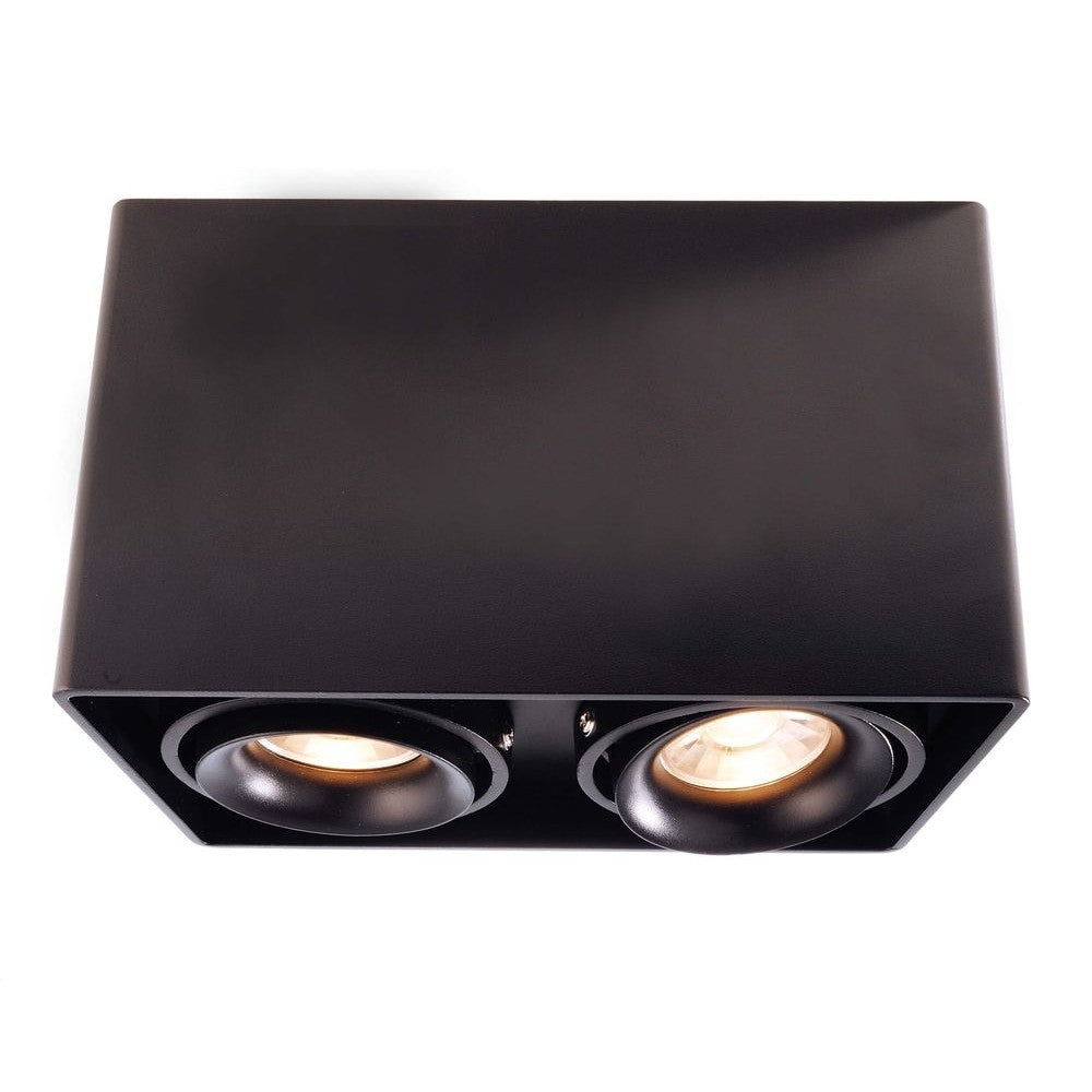 Spot de plafond noir rectangulaire à deux têtes rondes orientables, vu de face