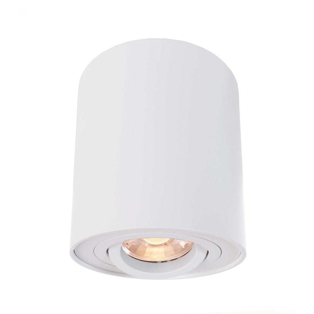 Spot blanc vu de face, corps cylindrique et lentille lumineuse centrale.