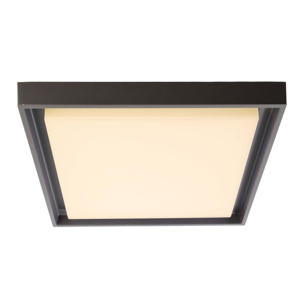 Vue de face du luminaire carré, cadre anthracite et diffuseur blanc lumineux.