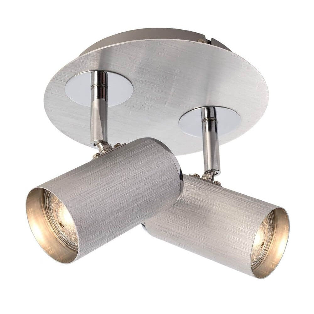 Spot plafond deux cylindres en aluminium brossé orientables vu de face sur fond blanc.