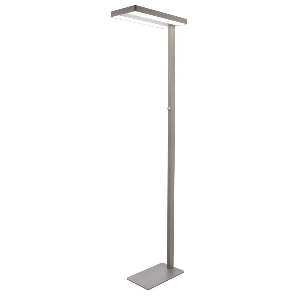 Lampadaire de bureau blanc sur fond blanc, vu de face avec tête rectangulaire.
