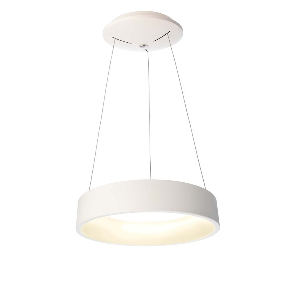 Suspension ronde blanche vue de face, abat-jour allumé en lumière chaude