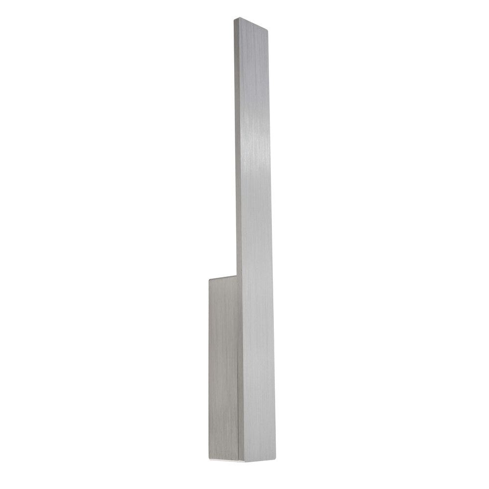 Applique murale argentée verticale présentée de profil sur fond blanc, avec base saillante.