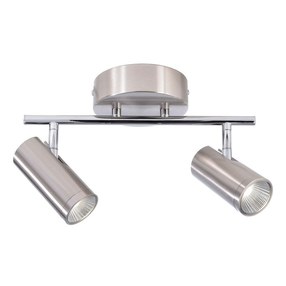 Plafonnier deux spots cylindriques orientables en aluminium brossé, barre chromée horizontale