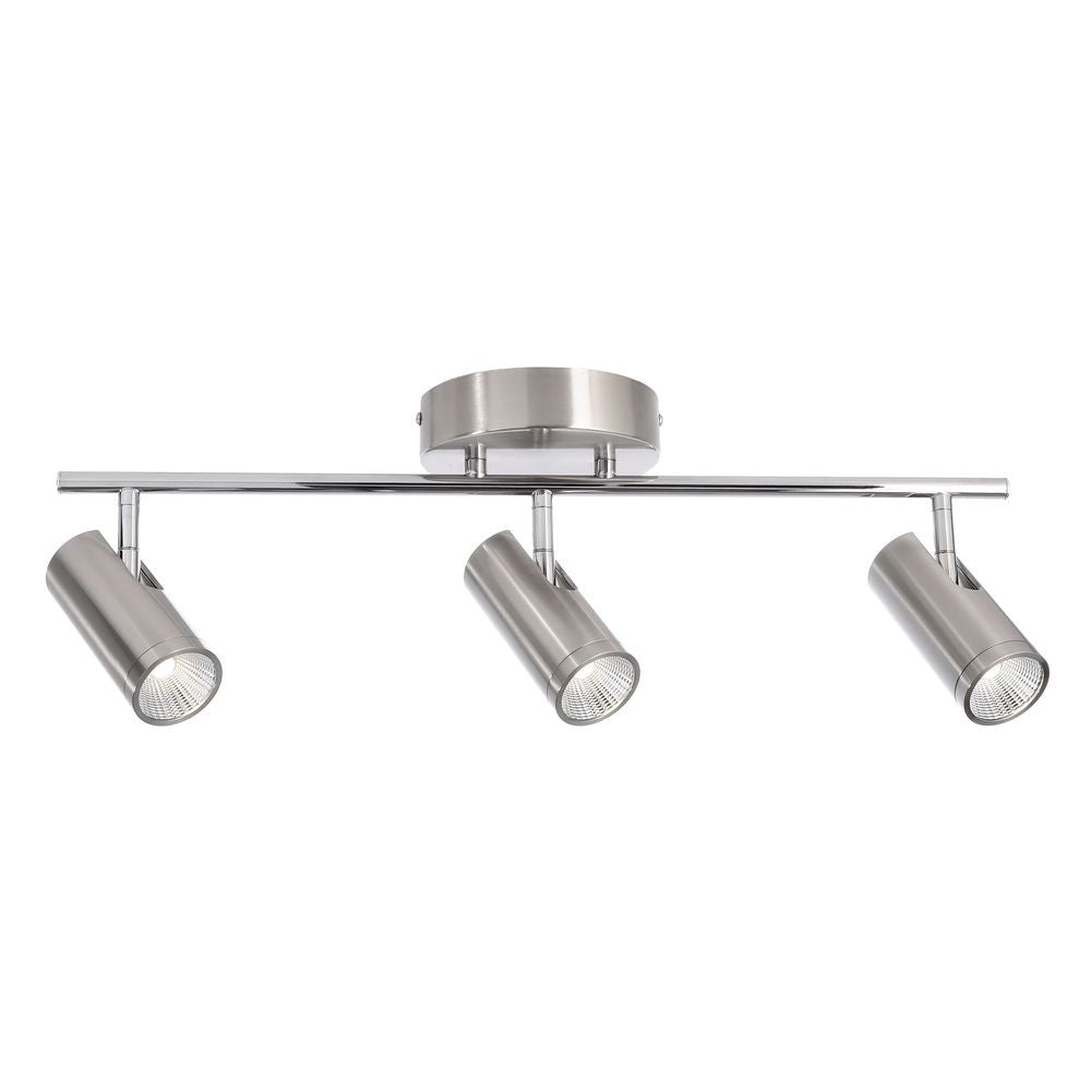 Plafonnier aluminium à trois spots cylindriques orientables, vue de face sur fond blanc.