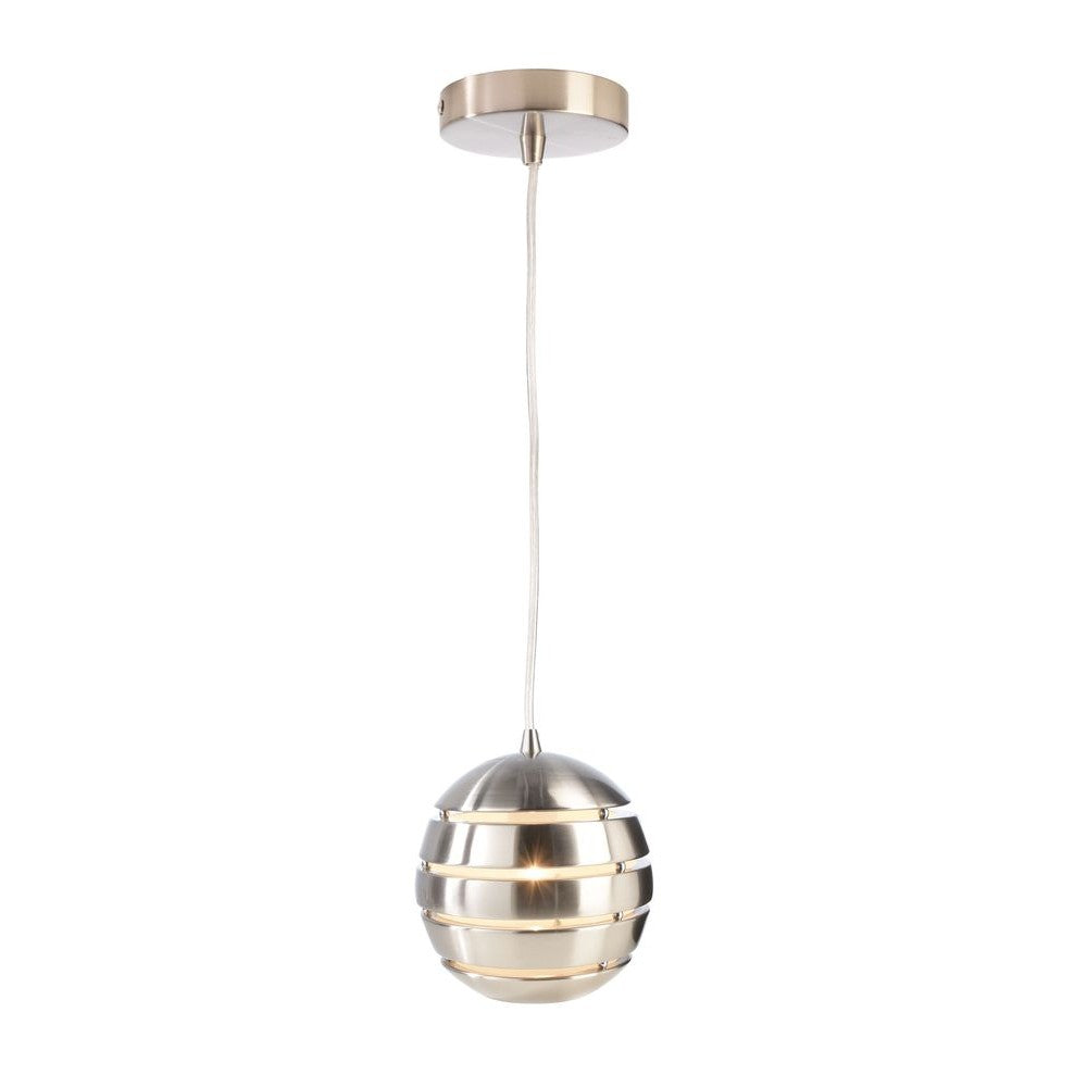 Suspension boule en inox brossé avec cordon fin, vue de face sur fond blanc.