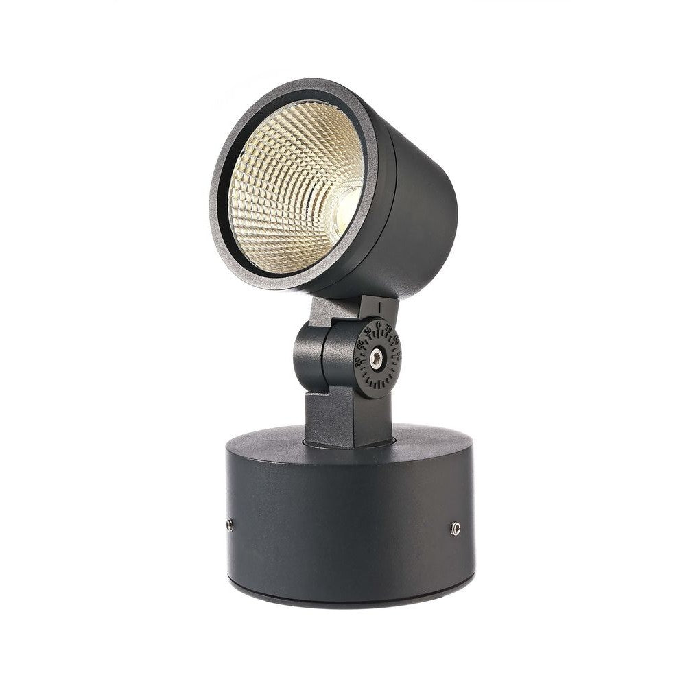 Projecteur extérieur noir vu de face, verre strié et base cylindrique.