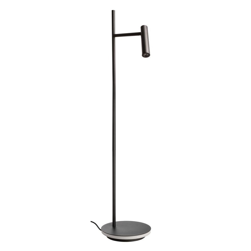 Lampadaire noir sur fond blanc, tige fine, tête cylindrique orientable et base ronde
