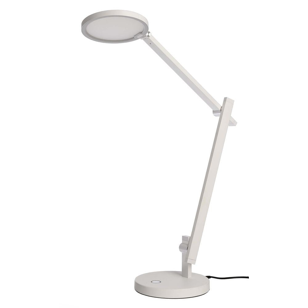 Lampe de bureau blanche articulée avec tête ronde, vue de profil sur fond blanc
