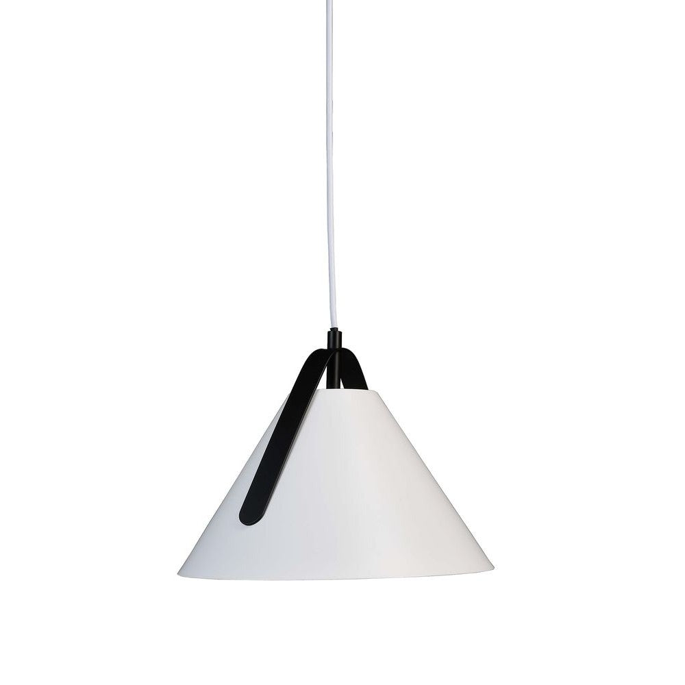 Suspension blanche en forme de cône avec attache noire, vue de face sur fond blanc.