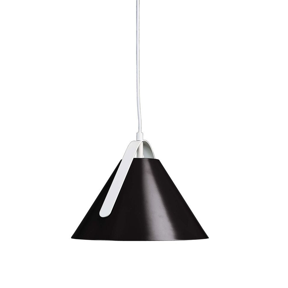 Suspension noire conique avec une attache métallique blanche, vue de face sur fond blanc.