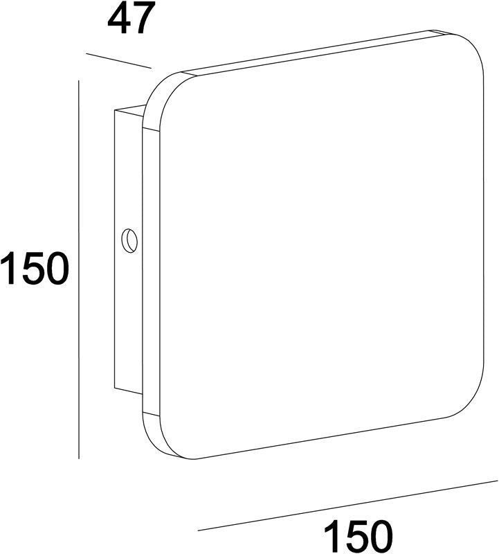Schéma de dimensions : 150 mm de côté et 47 mm de profondeur