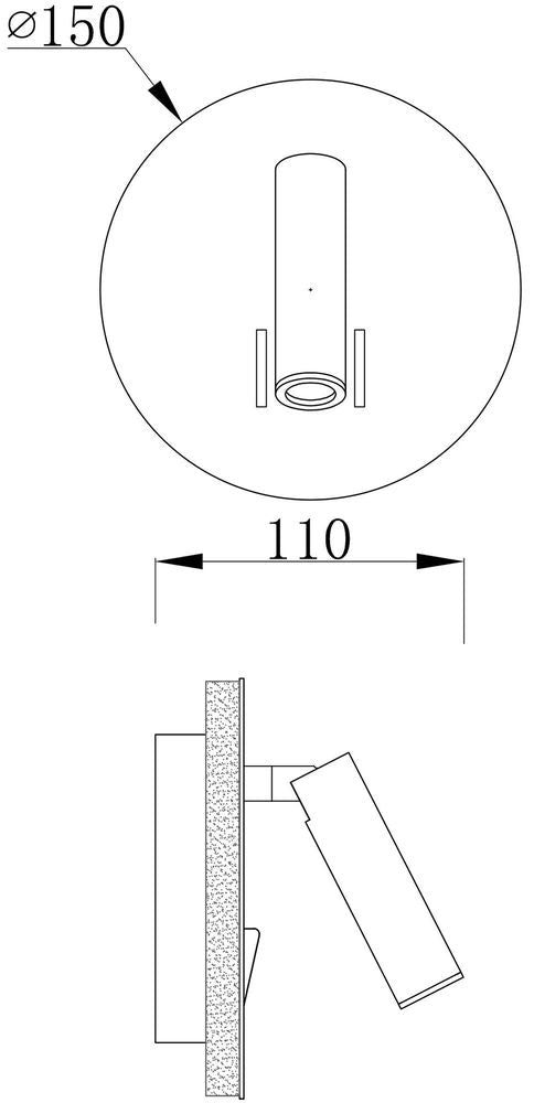 Schéma technique coté : diamètre 150 mm et saillie de 110 mm depuis le mur.