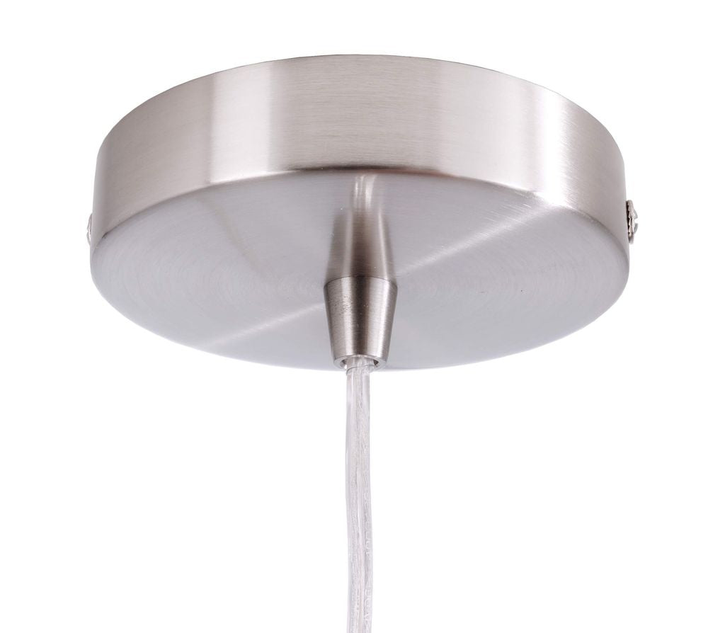 Gros plan du pavillon de plafond rond en inox et du câble de suspension.