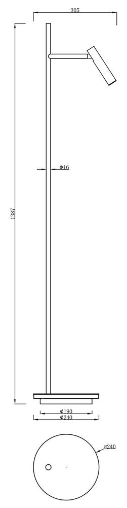 Schéma de dimensions du lampadaire noir avec hauteur, base et tête orientable