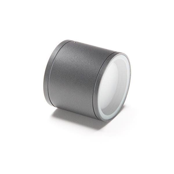 Vue en perspective du boîtier cylindrique gris anthracite et de son diffuseur