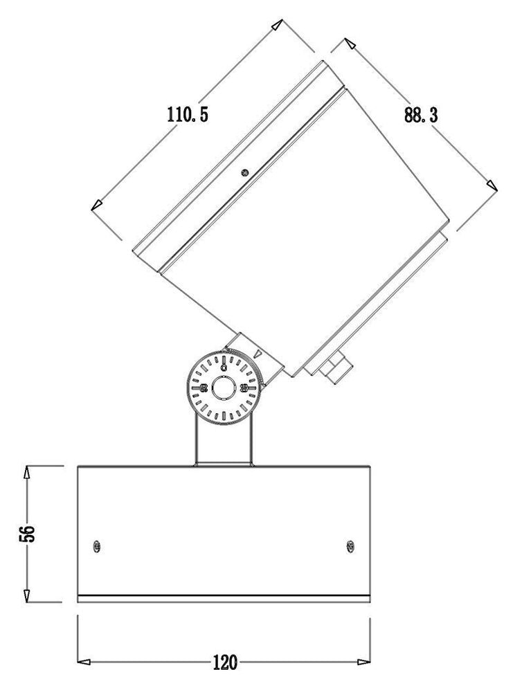 Schéma de dimensions du luminaire, base et tête orientable.