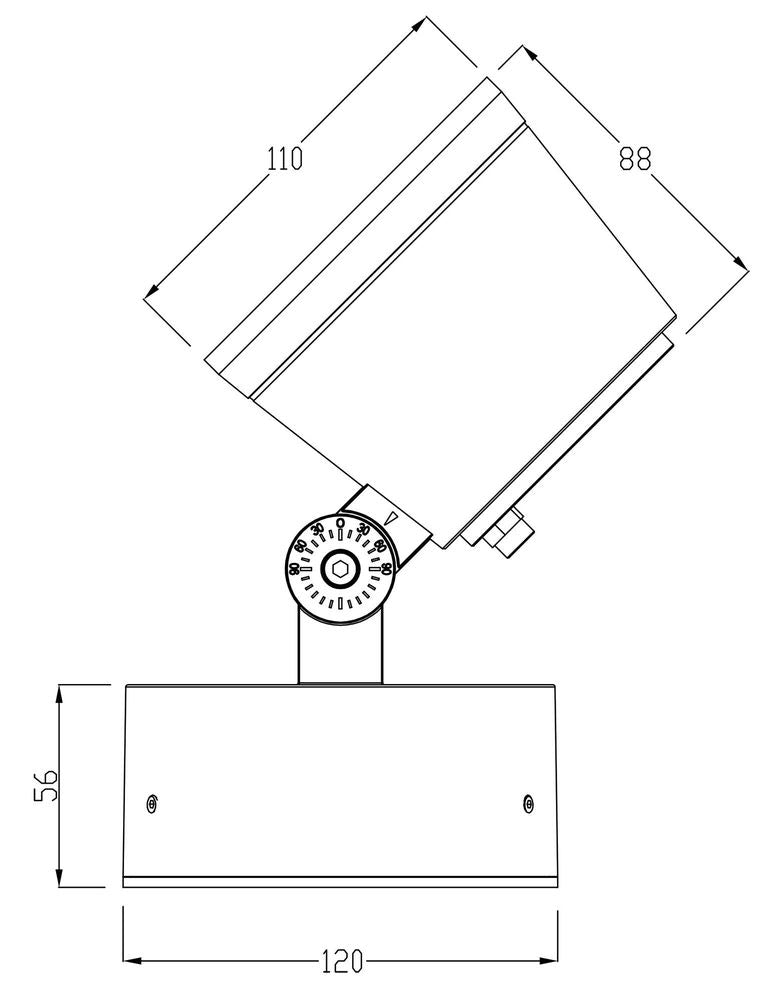 Schéma technique coté du projecteur, avec dimensions du boîtier et de la base.
