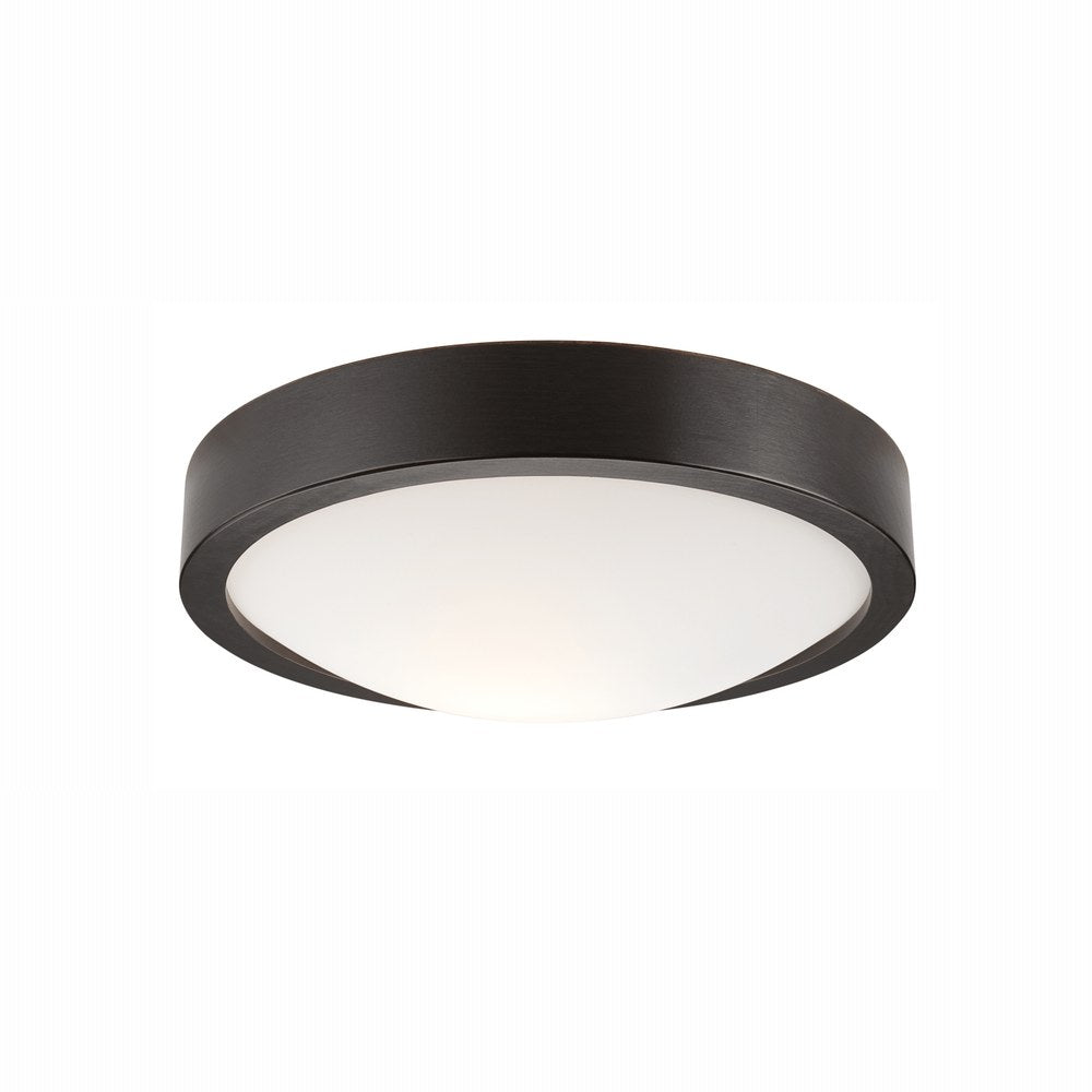 Plafonnier rond noir fixé au plafond, verre opale diffusant une lumière chaude.
