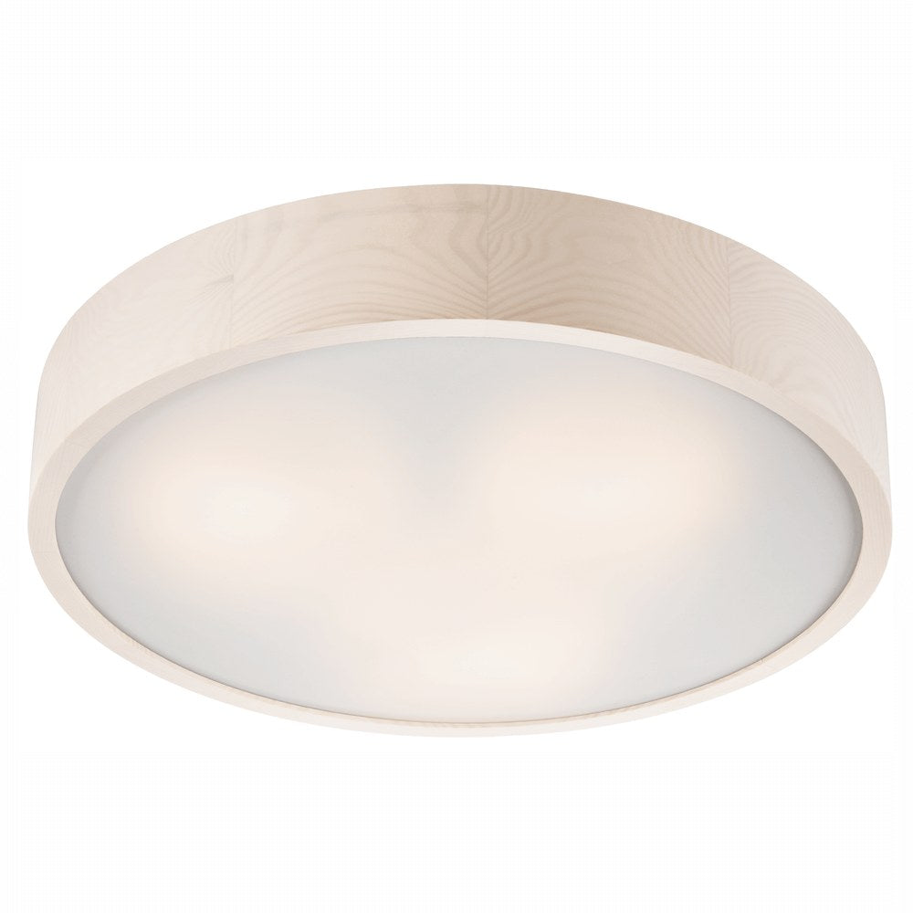 Vue de face du plafonnier rond en bois clair avec diffuseur en verre dépoli.