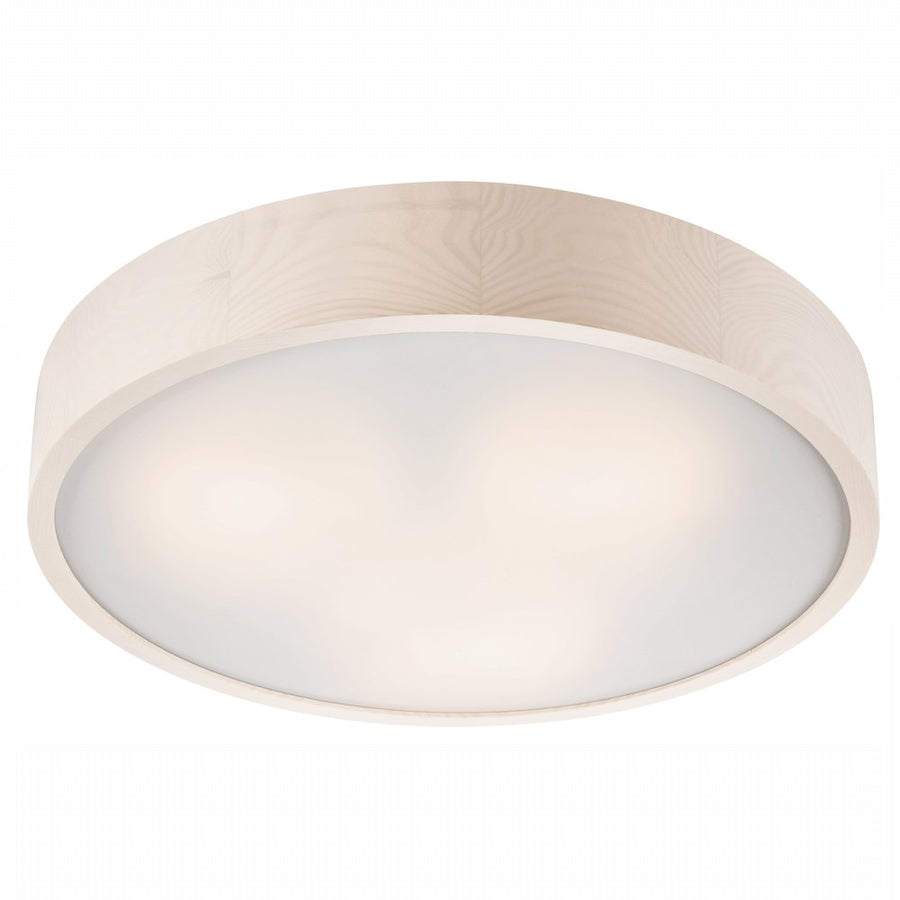 Vue de face du plafonnier rond en bois clair avec diffuseur en verre dépoli.