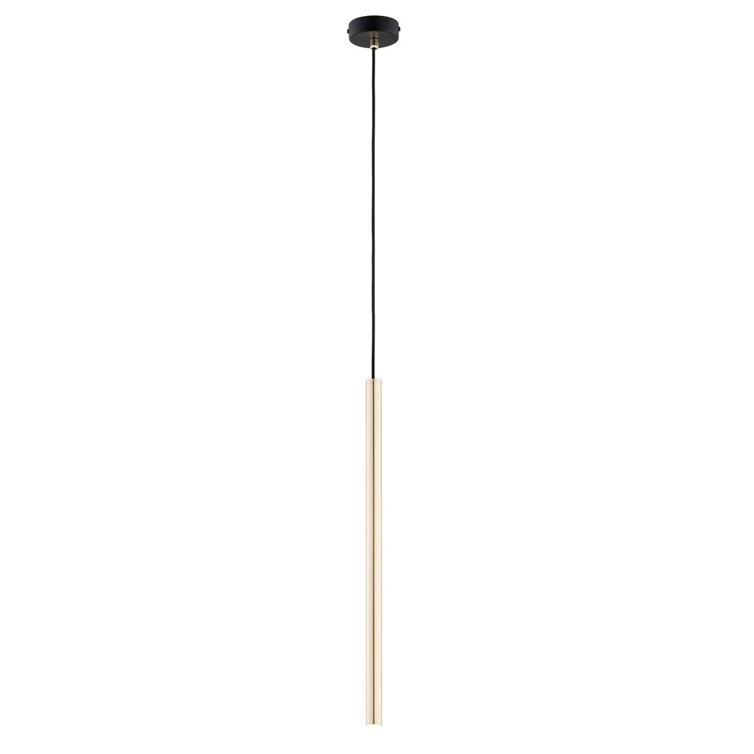 Suspension dorée finition laiton, long tube vertical et câble noir sur fond blanc.