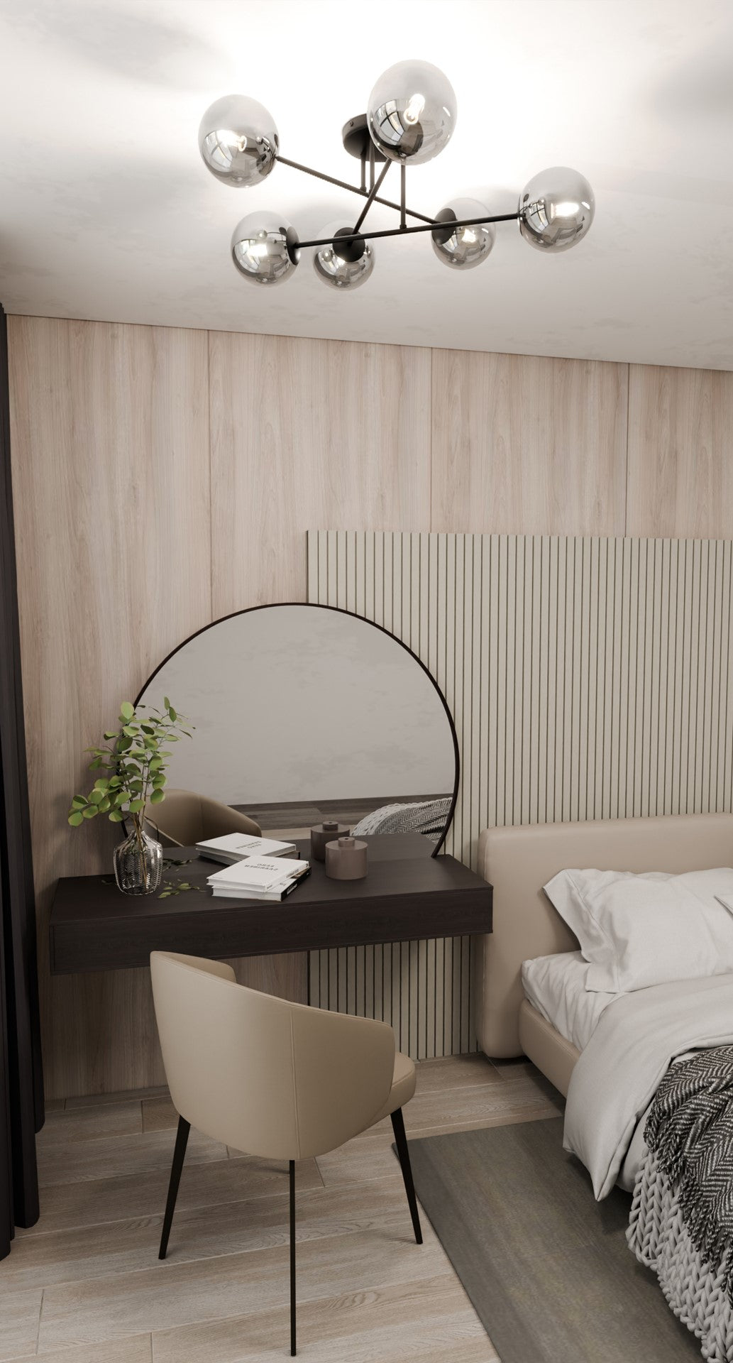 Plafonnier installé au-dessus d’un bureau, dans une chambre aux murs en bois clair.