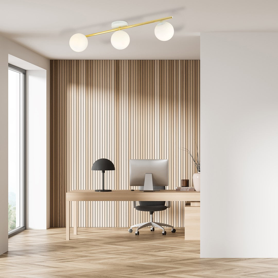 Mise en ambiance dans un bureau moderne, plafonnier fixé au-dessus du poste de travail.