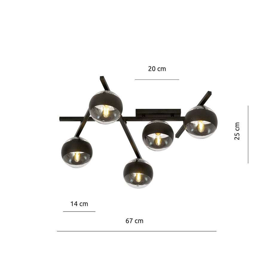 Schéma de dimensions du plafonnier avec mesures de 67, 25, 20 et 14 cm