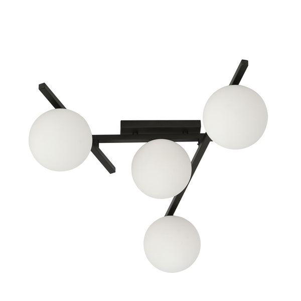 Plafonnier Luleris 4 lumières noir et opale, verre