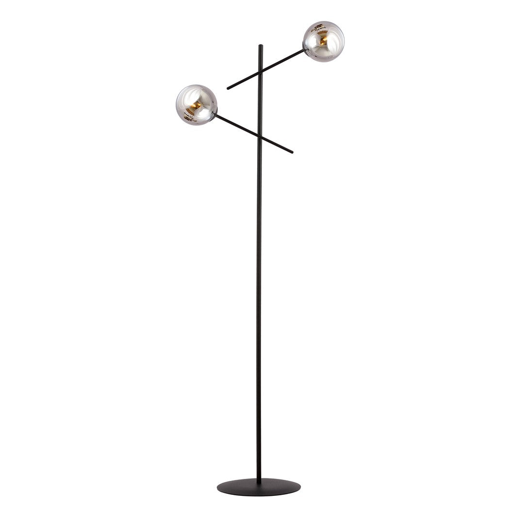 Lampadaire deux globes en verre sur tiges croisées noires, vue de face sur fond blanc.