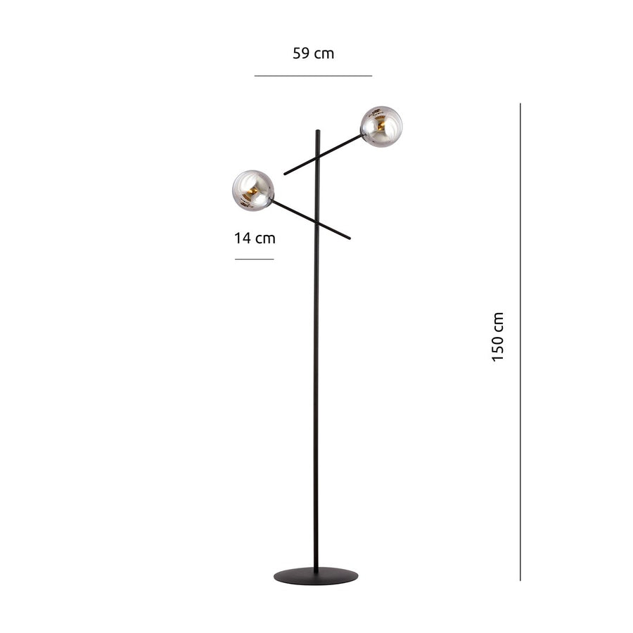 Schéma de dimensions : 150 cm de haut, 59 cm de large et globes de 14 cm.