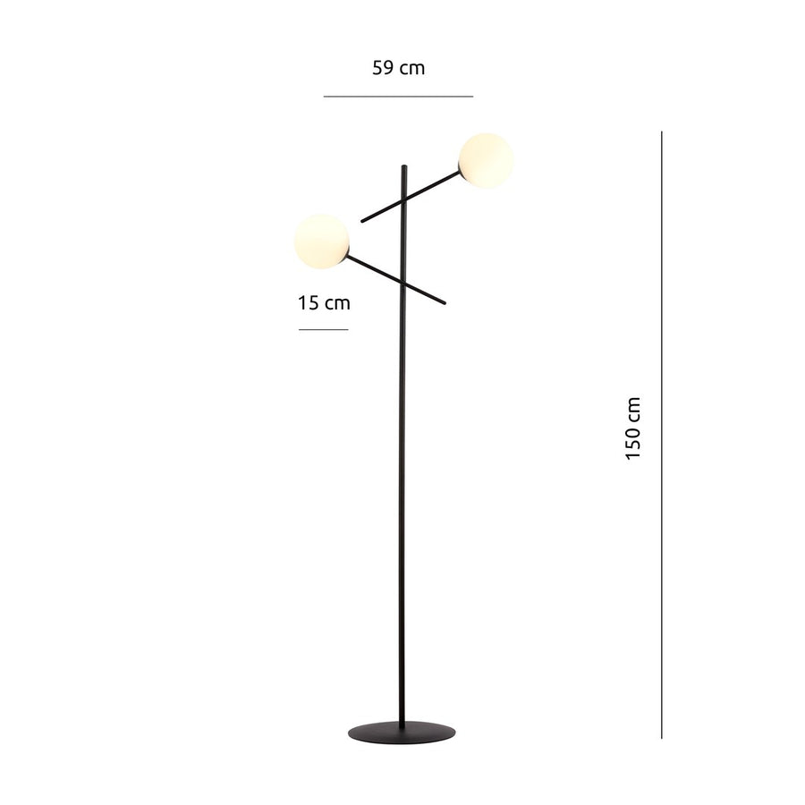 Schéma de dimensions du lampadaire avec hauteur totale et largeur indiquées.
