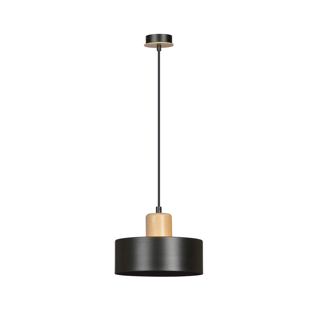 Suspension noire isolée sur fond blanc, abat-jour cylindrique et col en bois clair.