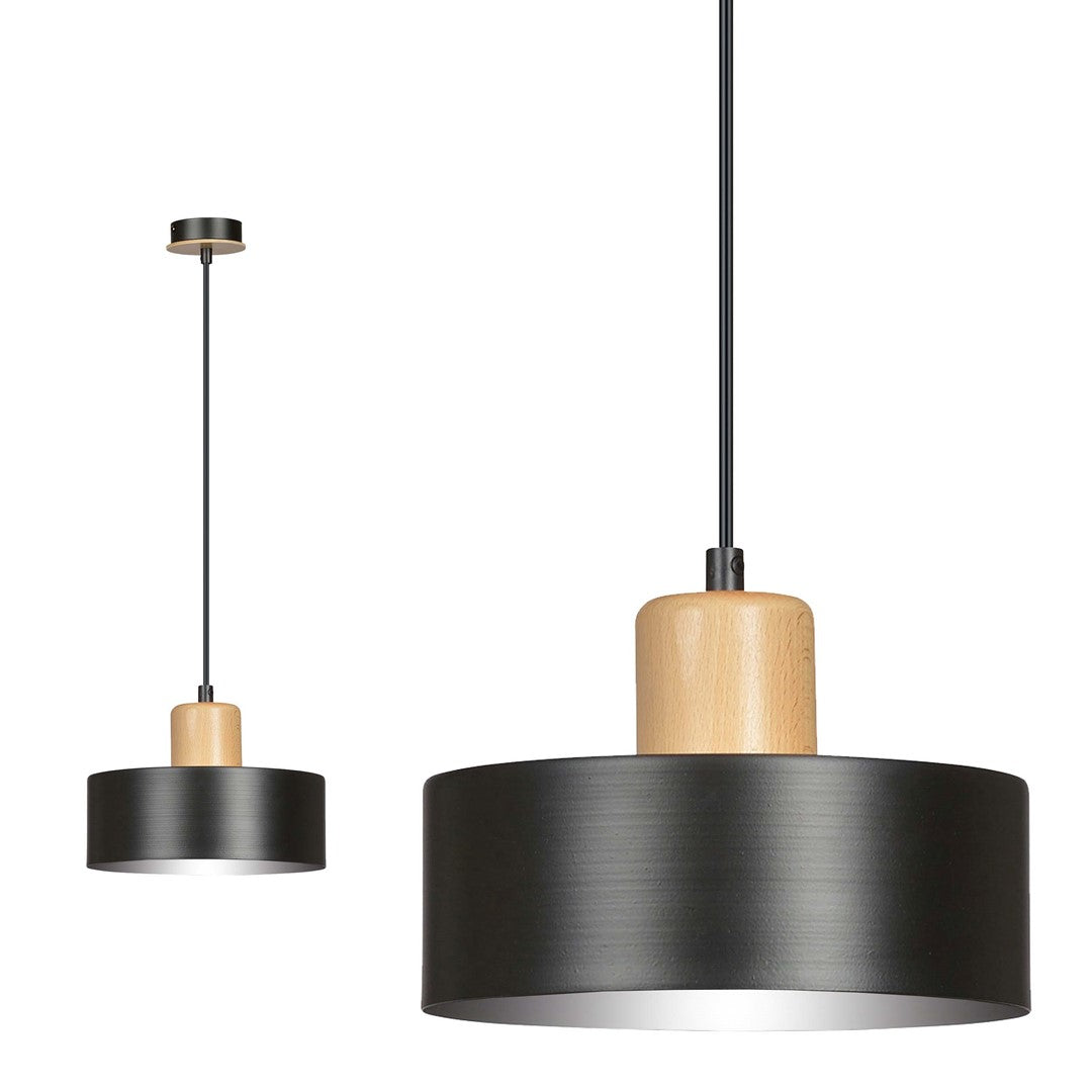 Vue comparative de deux tailles du luminaire, mettant en valeur l'abat-jour noir.