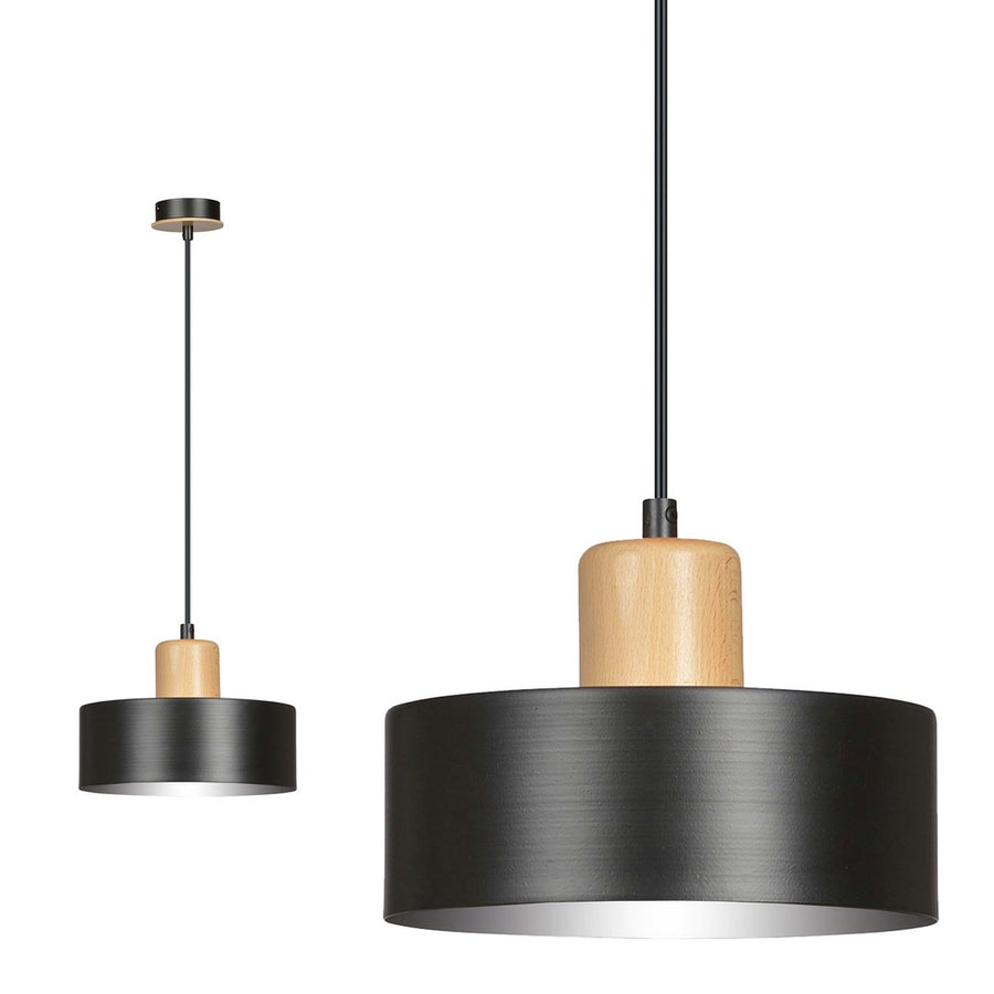 Vue comparative de deux tailles du luminaire, mettant en valeur l'abat-jour noir.